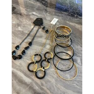 Chic Black Gold Tone Statement Necklace Earrings Set Stackable Bangles